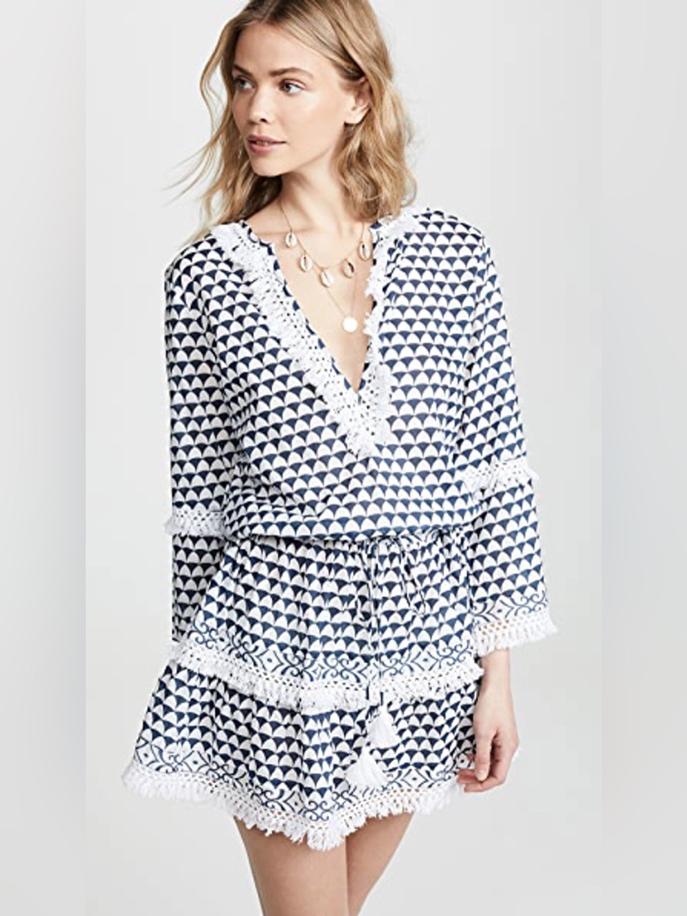MELISSA ODABASH Claudia Coverup Navy & White Riveria Fringe Summer Swimsuit